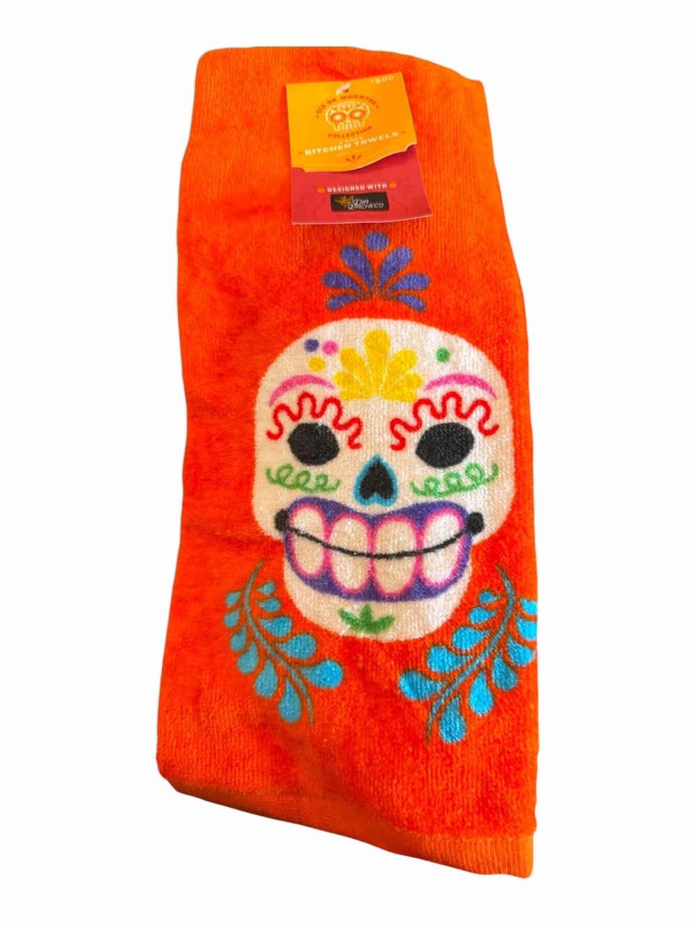 Orange Day of the Dead Sugar Skull Kitchen DishTowel Dia de Muertos